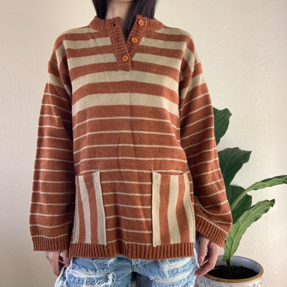 Vintage Brown Stripe Henley Knit Sweater